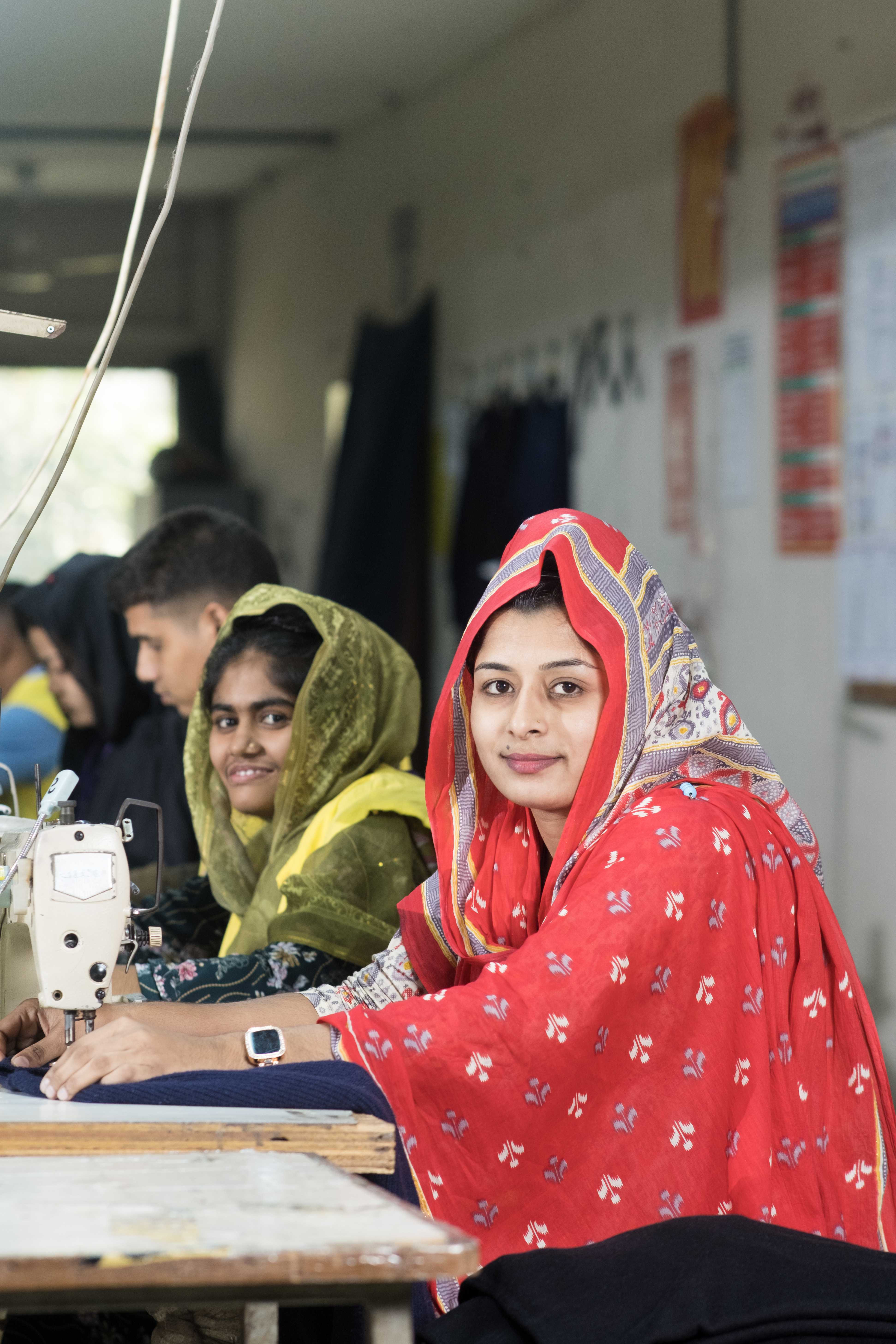 Knitting machines in operation